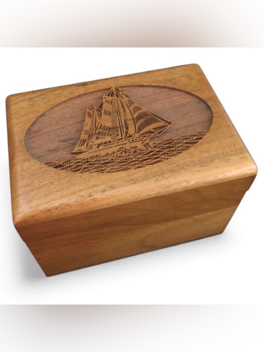 Vintage Lasercraft Walnut Oak Box Ship Sail Business Card Holder Trinket Box